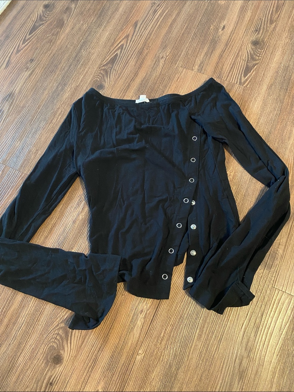 Garage Black Long Sleeve Top with Side Button Detail